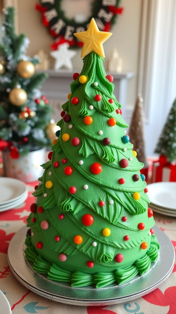 A festive stand-up Christmas tree cake decorated with green frosting and colorful candies, set on a holiday table.